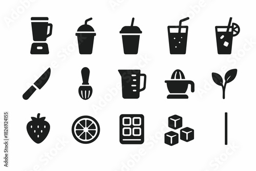 Set of black silhouette icons for kitchen appliances and beverages