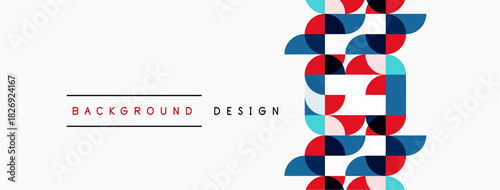 Abstract geometric pattern. Circles, rectangles create repeating design. Red, blue, orange colors dominate white space. Modern aesthetic.