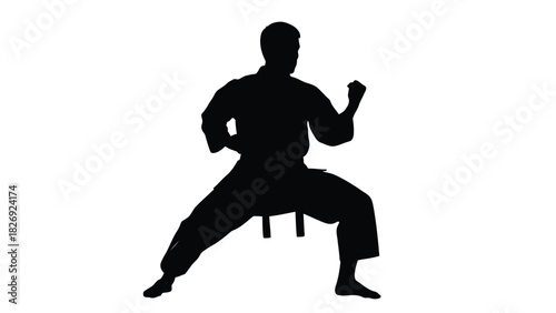 Black silhouette of martial arts practitioner in traditional gi performing a strong defensive stance, dynamic action pose, clean vector art, logo design, isolated on white background