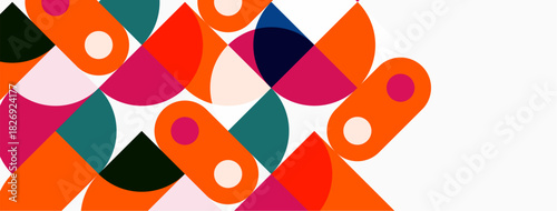 Abstract geometric shapes overlap, creating vibrant colorful pattern. Circles, semicircles, pinks, oranges dominate composition. Modern design.