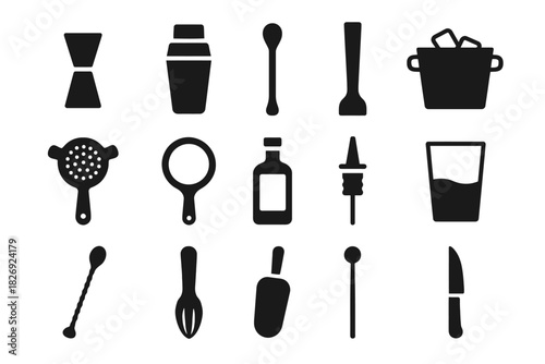 Black and white icons of bar tools and accessories for cocktails and drinks