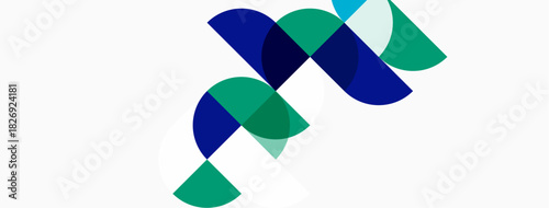 Abstract design features overlapping semicircles. Blue, teal hues dominate white background. Modern, minimalist aesthetic. Simple geometry creates visual interest.