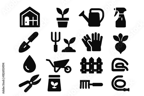 Garden tools and icons set: watering can, gloves, seedlings, and more