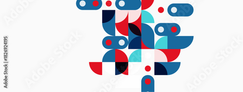 Abstract geometric shapes, red, blue, teal. Minimalist design, clean lines, white background. Modern illustration, playful composition.