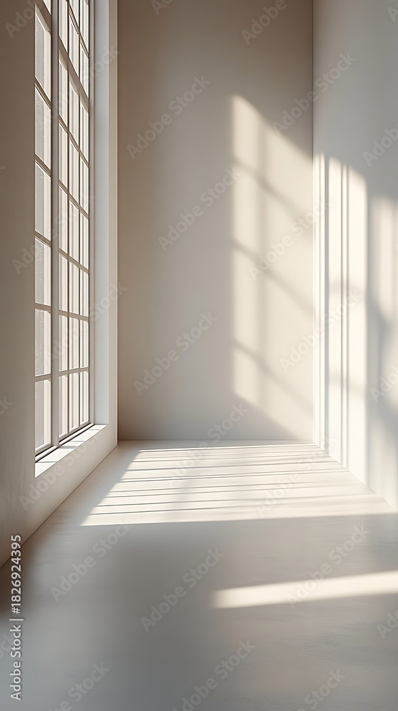 Obraz premium Empty room corner with a large grid window casting warm geometric sunlight patterns on the light walls and floor