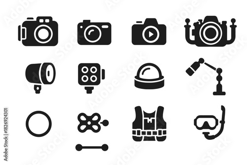 Set of underwater photography and diving equipment icons in black silhouette style