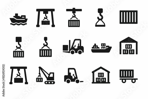 Silhouette icons of cargo handling: crane hooks, forklifts, container ships, and warehouses