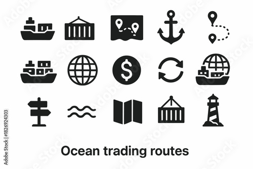 Set of ocean trading route icons featuring ships, map, anchor, and lighthouse symbols