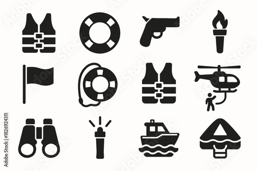 Black safety icons: life jacket, lifebuoy, torch, helicopter, boat, binoculars