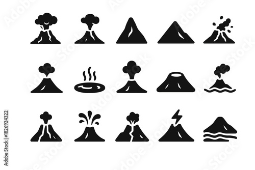 Set of different volcano icons including erupting and dormant silhouettes