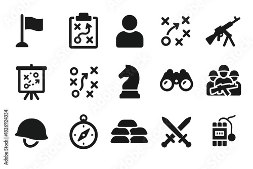Military strategy icons: chess, weapons, compass, planning tools