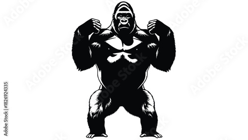 Powerful black and white gorilla flexing biceps with aggressive expression, strong primate mascot design, bold vector art logo style, isolated on white background