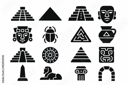 Ancient symbols and structures: pyramids, sphinx, scarab, and more icon set