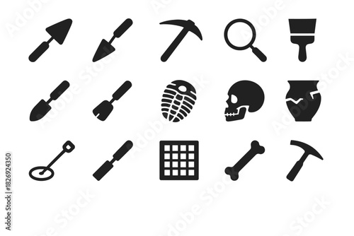 Archaeological tools icons: trowel, pickaxe, magnifying glass, fossil, skull, pottery, bone