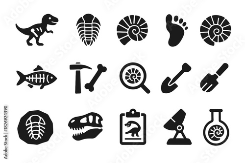 Dinosaur and fossil icons set: paleontology tools and symbols