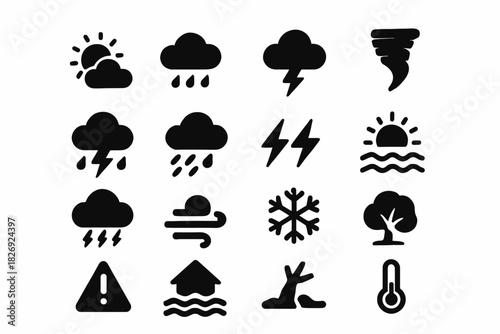 Weather icons collection: sun, rain, storm, tornado, wind, snowflake, thermometer