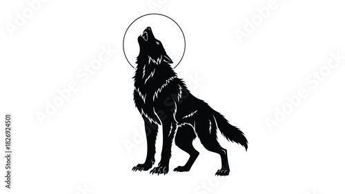 Black silhouette of a howling wolf sitting beneath a simple full moon circle, minimalist vector art, tribal tattoo design, isolated on white background