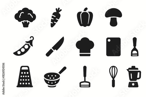Cooking utensils and food icons: knife, whisk, chef hat, and vegetables