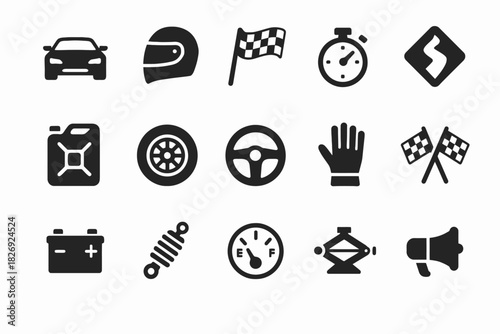 Set of racing and automotive icons featuring helmets, flags, and speedometer elements