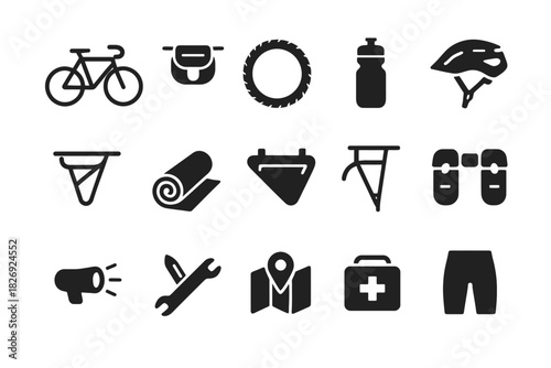 Bicycle accessories icons set including helmet, tire, water bottle, tools, map, and first aid kit
