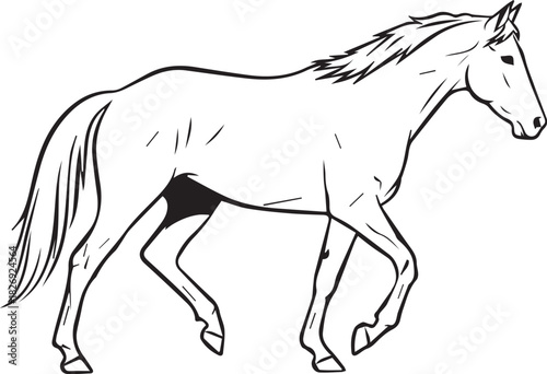 Elegant horse in profile, depicted with graceful lines and a flowing mane, symbolizing freedom and strength.