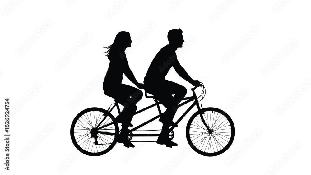 Obraz premium Silhouette of a couple riding a tandem bicycle together, man steering and woman holding on, simple vector art for partnership and travel concepts, isolated on white background