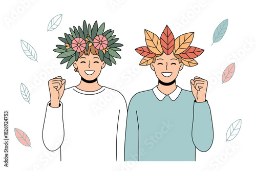 Two individuals joyfully celebrating with autumnal and floral headwear, embodying seasonal change and natural beauty.