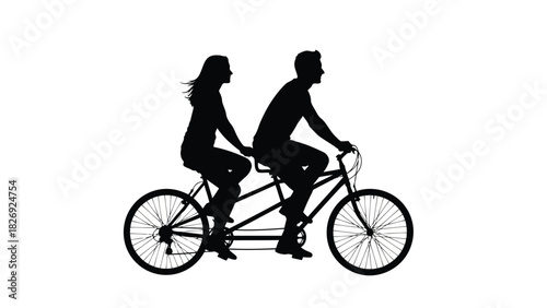 Silhouette of a couple riding a tandem bicycle together, man steering and woman holding on, simple vector art for partnership and travel concepts, isolated on white background