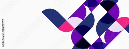 Abstract geometric shapes overlap, creating vibrant pattern. Pink, purple, navy hues dominate white background. Modern design element.