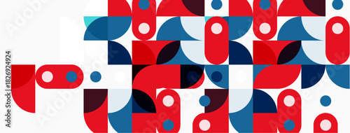 Abstract geometric pattern. Red, blue circles, shapes overlap creating modern design. Minimalist aesthetic, clean lines, flat illustration.