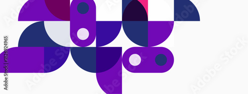 Abstract geometric shapes, purple hues dominate design. Minimalist composition, clean lines create modern aesthetic.