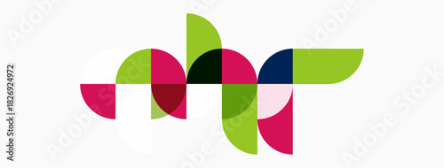 Abstract geometric shapes overlap, creating colorful floral pattern. Design features circles, petals, vibrant hues. Minimalist style.