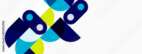 Abstract geometric shapes overlap. Blue, light blue, yellow hues dominate white background. Modern design elements present.