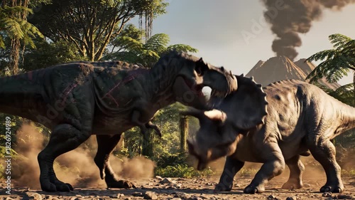 Fierce Dinosaurs Roaming in a Lush, Prehistoric Jungle Landscape