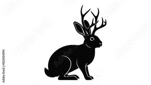 Black silhouette of a mythical jackalope or hare with large deer antlers sitting profile view, clean vector art, logo design concept, isolated on white background