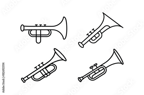 trumpet musical instrument line art set of vector illustration