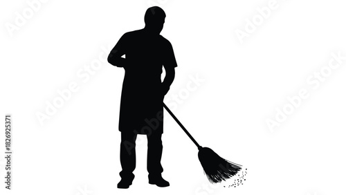 Silhouette of a male cleaner or janitor wearing an apron sweeping debris with a large straw broom, simple black vector art, cleaning service concept, isolated on white background