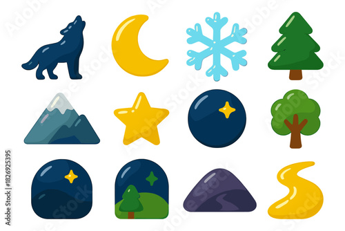 Nature and night theme icon set with trees, stars, and animals in flat style