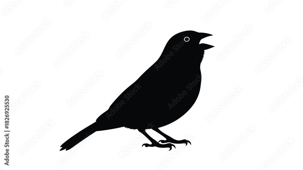 Obraz premium Black silhouette of a small songbird perched with open beak singing or chirping, simple graphic icon, flat vector art design, isolated on white background