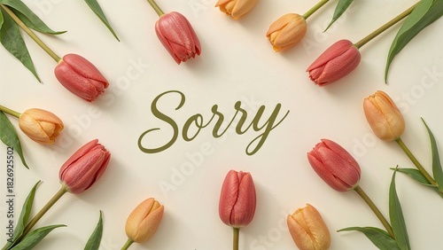 Sorry with tulips arranged around it, floral greeting card or apology message.