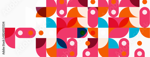 Abstract geometric pattern. Shapes overlap, creating vibrant colorful composition. Modern design, simple forms, playful aesthetic.