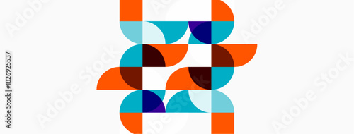 Abstract geometric pattern. Circles, squares overlap creating complex design. Orange, teal, brown hues dominate white background. Modern aesthetic.