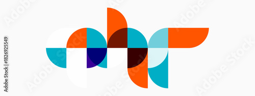 Abstract geometric shapes overlap, creating dynamic composition. Colors include orange, teal, purple, brown. Minimalist design, clean aesthetic.