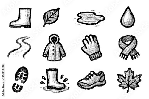 Chalk style autumn icons: boots, leaves, rain, and seasonal accessories for fall