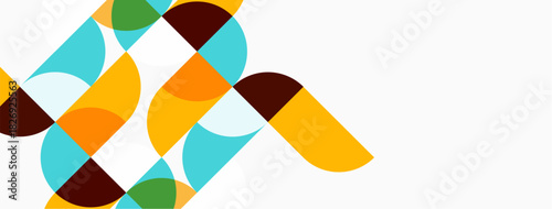 Abstract geometric shapes overlap, creating colorful modern design. Circles, arcs, segments form dynamic composition. Minimalist aesthetic.
