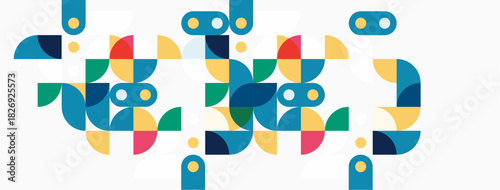 Abstract geometric shapes, vibrant colors, playful design. Composition suggests connectivity, modern aesthetic. Clean background enhances visual impact.