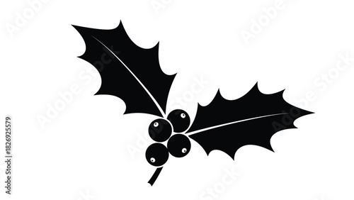 Black silhouette of two spiky holly leaves with cluster of four berries, simple graphic icon for winter holidays and Christmas decoration, flat vector art, isolated on white background