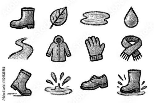 Chalk-style autumn and rain elements: boots, leaves, coats, and more