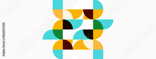 Abstract geometric shapes create colorful pattern. Circles, squares, rectangles interlock forming modern design. Minimalist aesthetic, vibrant hues.