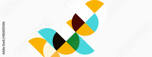 Abstract geometric shapes overlap, creating colorful composition. Circles, arcs, segments form dynamic visual pattern. Minimalist design.